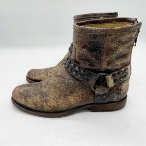 FRYE Womens Phillip Distressed Brown Leather Studded Harness Moto Boot Size 6